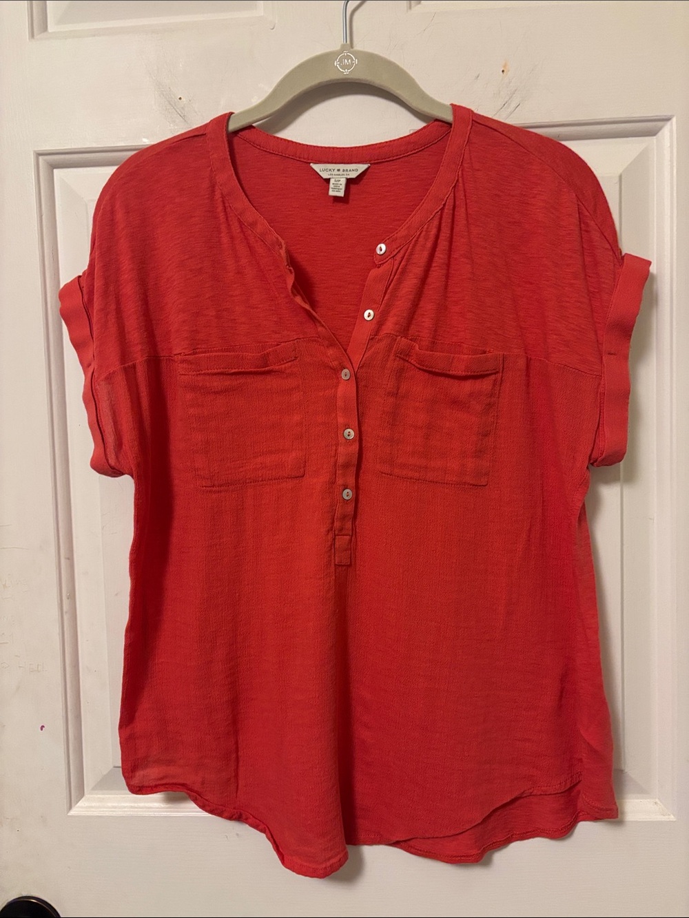 Lucky Brand Coral-Red Button Front Short Sleeve Shirt Size Small S